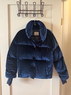 SAM. Navy Velvet Puffer Jacket - Women's Short Puff Coat